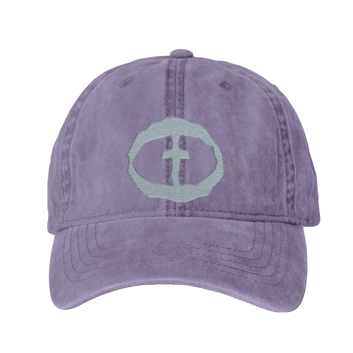Front view of the violet Cassie Women's Ponytail Cap with a light-gray embroidered circular cross logo, product shot on white.