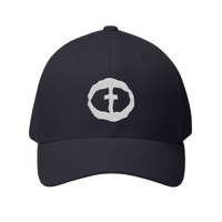 Front view of the dark navy Flexfit Men's Cap with a white circular cross logo on the front, product shot on white.