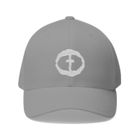 Front view of the grey Flexfit Men's Cap with a white circular cross logo on the front, product shot on white.