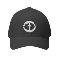 Front view of the dark grey Flexfit Men's Cap with a white circular cross logo on the front, product shot on white.