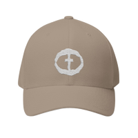 Front view of the khaki Flexfit Men's Cap with a white circular cross logo on the front, product shot on white.