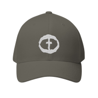 Front view of the olive Flexfit Men's Cap with a white circular cross logo on the front, product shot on white.
