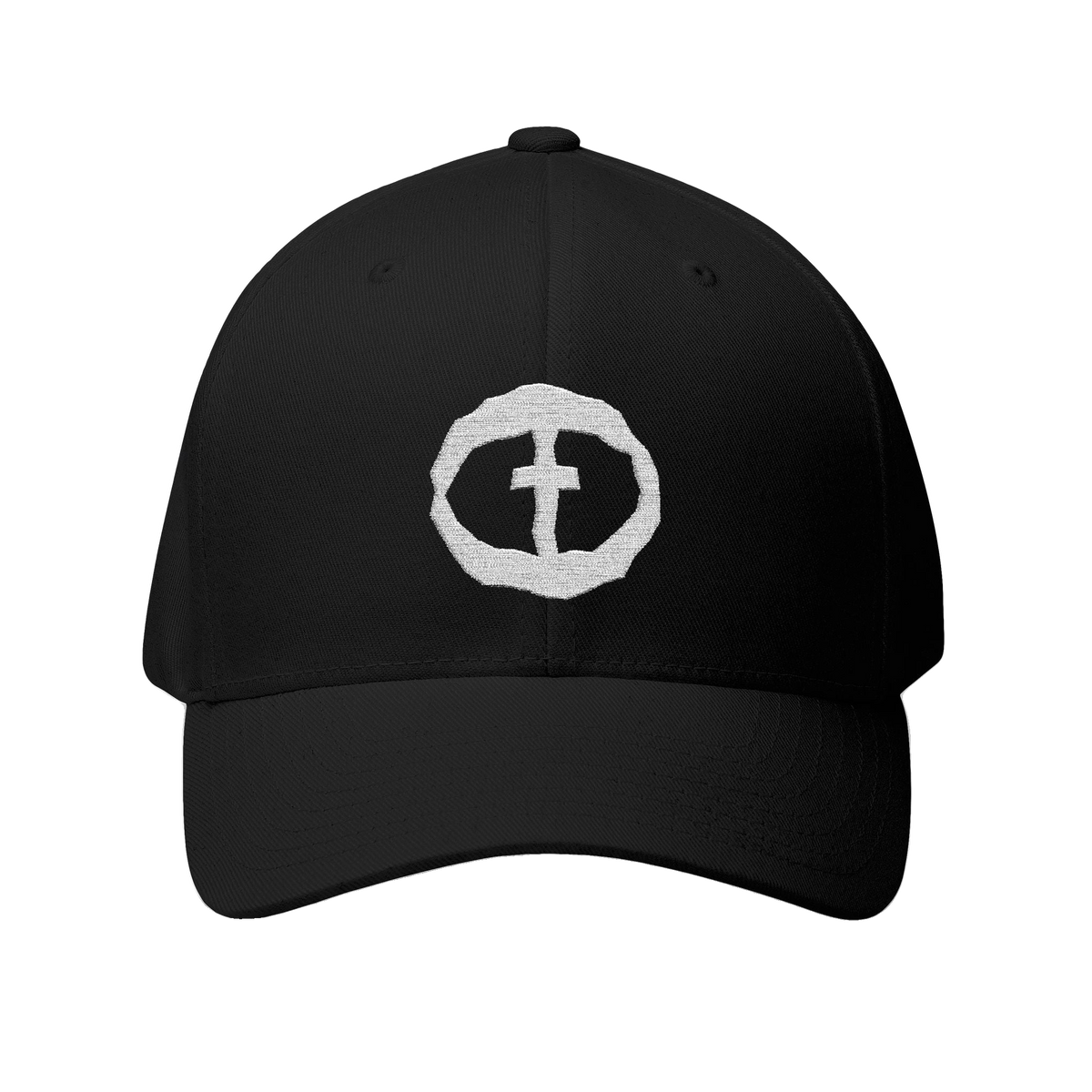 Front view of the black Flexfit Men's Cap with a white circular cross logo on the front, product shot on white.