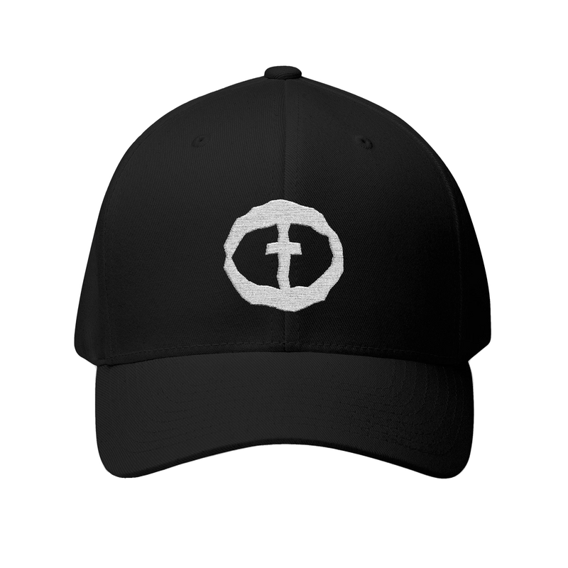 Front view of the black Flexfit Men's Cap with a white circular cross logo on the front, product shot on white.
