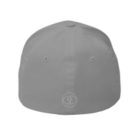 Back view of the grey Flexfit Men's Cap with a small white RS emblem at the nape, product shot on white.