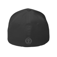 Back view of the dark grey Flexfit Men's Cap with a small white RS emblem at the nape, product shot on white.