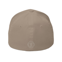 Back view of the khaki Flexfit Men's Cap with a small white RS emblem at the nape, product shot on white.