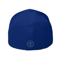 Back view of the royal blue Flexfit Men's Cap with a small white RS emblem at the nape, product shot on white.
