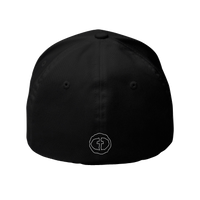 Back view of the black Flexfit Men's Cap with a small white RS emblem at the nape, product shot on white.