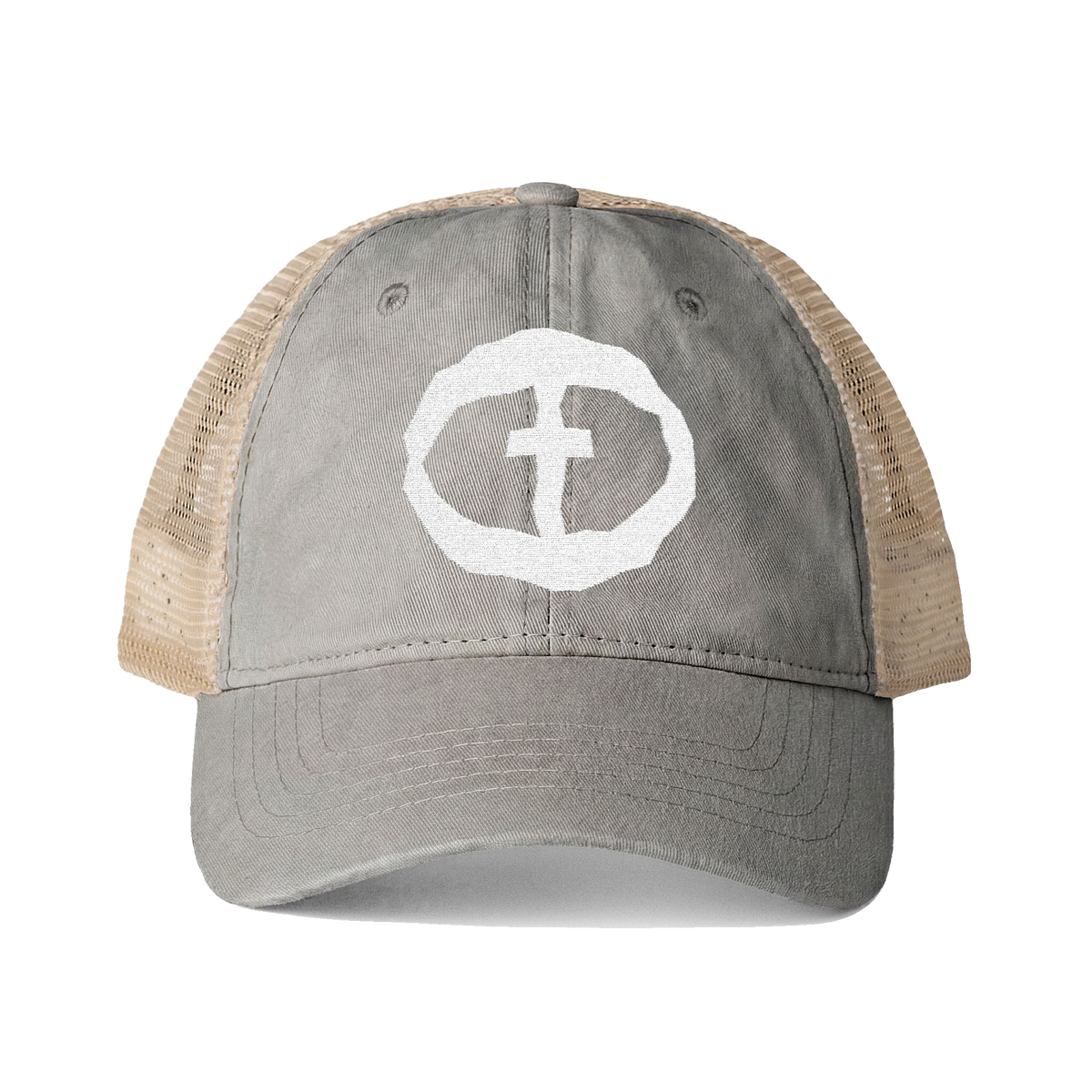 Front view of the light grey Tess Women's Ponytail Cap with a white circular cross logo and tan mesh back, product shot on white.