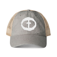 Front view of the light grey Tess Women's Ponytail Cap with a white circular cross logo and tan mesh back, product shot on white.
