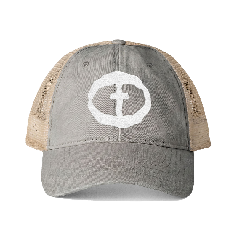 Front view of the light grey Tess Women's Ponytail Cap with a white circular cross logo and tan mesh back, product shot on white.