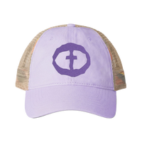Front view of the lavender Tess Women's Ponytail Cap with a dark-purple circular cross logo and tan mesh back, product shot on white.