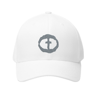 Front view of the white Flexfit Men's Cap with a light-gray circular cross logo on the front, product shot on white.