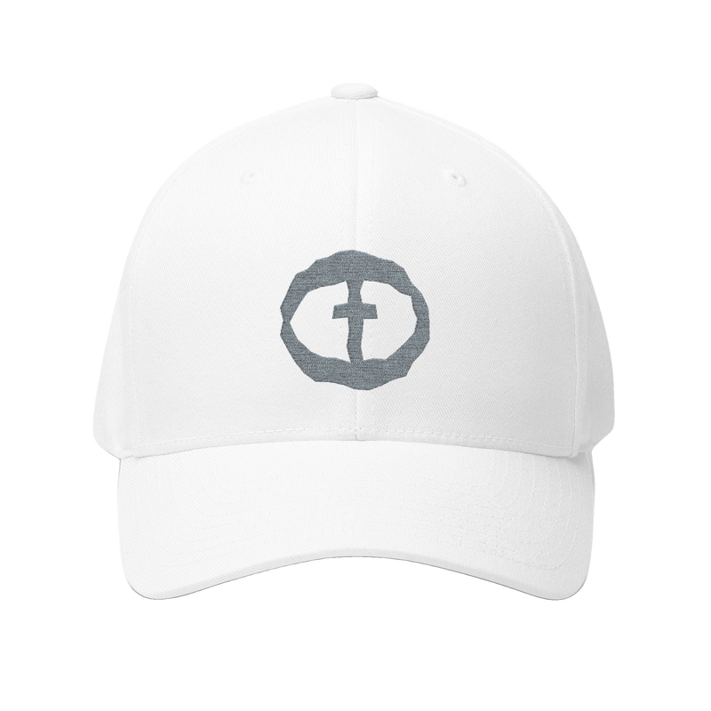 Front view of the white Flexfit Men's Cap with a light-gray circular cross logo on the front, product shot on white.