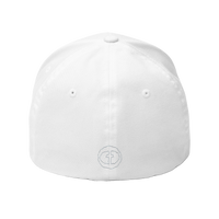 Back view of the white Flexfit Men's Cap with a small outlined light-gray circular cross logo at the nape, product shot on white.