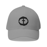 Front view of the grey Flexfit Men's Cap with a black circular cross logo on the front, product shot on white.