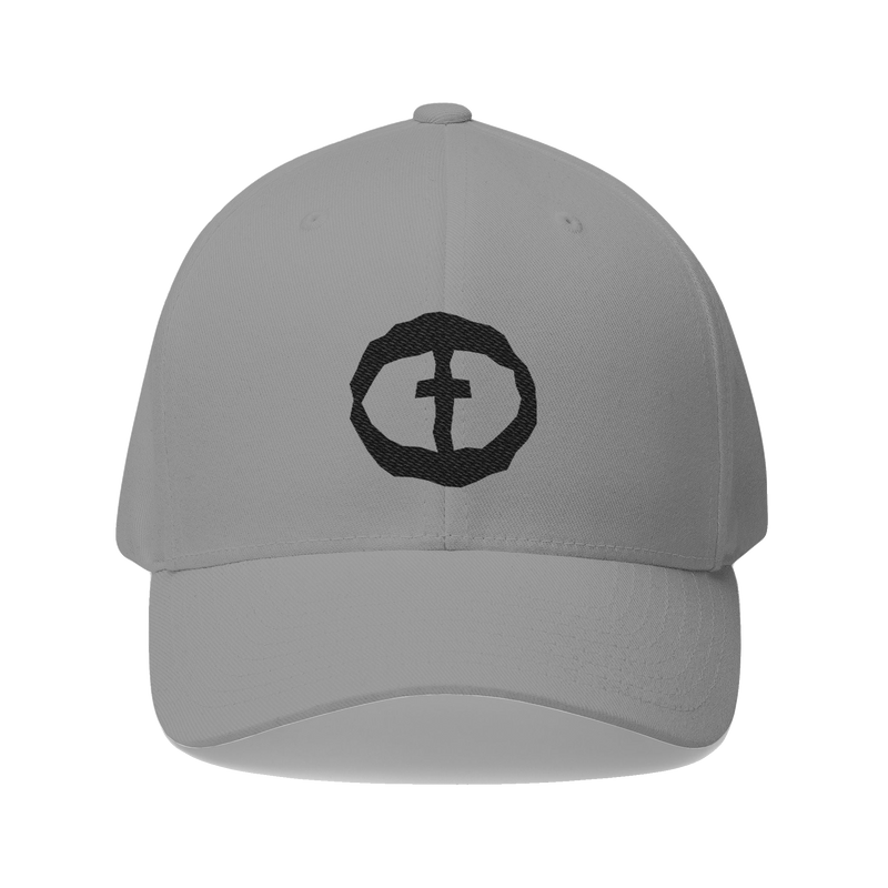 Front view of the grey Flexfit Men's Cap with a black circular cross logo on the front, product shot on white.