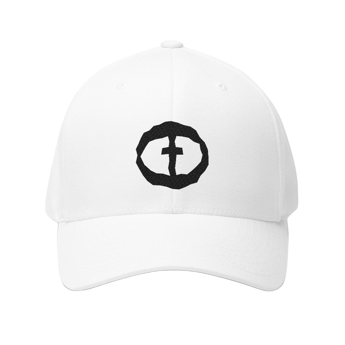 Front view of the white Flexfit Men's Cap with a black circular cross logo on the front, product shot on white.