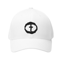 Front view of the white Flexfit Men's Cap with a black circular cross logo on the front, product shot on white.