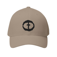 Front view of the khaki Flexfit Men's Cap with a black circular cross logo on the front, product shot on white.