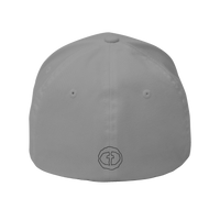 Back view of the grey Flexfit Men's Cap with a small black RS emblem at the nape, product shot on white.