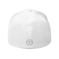 Back view of the white Flexfit Men's Cap with a small black RS emblem at the nape, product shot on white.