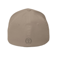 Back view of the khaki Flexfit Men's Cap with a small black RS emblem at the nape, product shot on white.