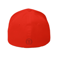 Back view of the red Flexfit Men's Cap with a small black RS emblem at the nape, product shot on white.