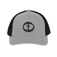 Front view of the heather grey-and-black Richardson 112 Cap with a black circular cross logo on the front panel, product shot on white.