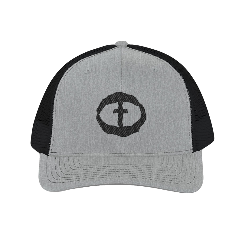 Front view of the heather grey-and-black Richardson 112 Cap with a black circular cross logo on the front panel, product shot on white.