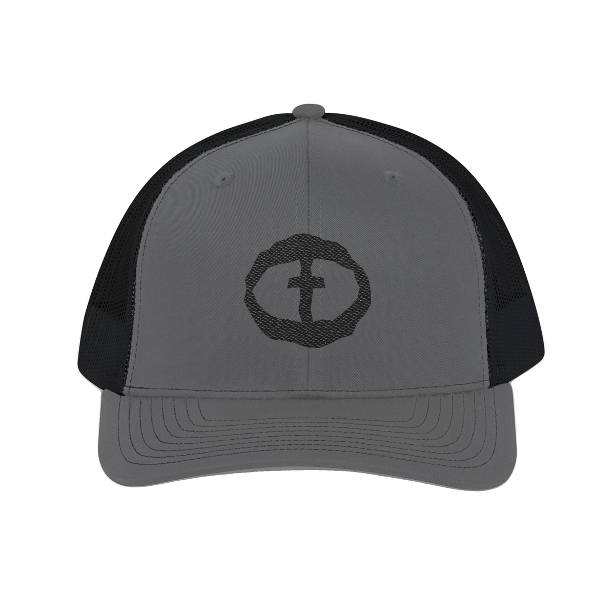 Front view of the charcoal-and-black Richardson 112 Cap with a black circular cross logo on the front panel, product shot on white.