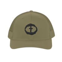 Front view of the loden Richardson 112 Cap with a black circular cross logo on the front panel, product shot on white.