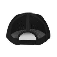 Back view of the heather grey-and-black Richardson 112 Cap showing black mesh panels and a black snapback closure, product shot on white.