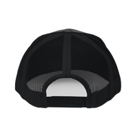 Back view of the charcoal-and-black Richardson 112 Cap showing black mesh panels and a black snapback closure, product shot on white.