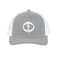 Front view of the heather grey-and-white Richardson 112 Cap with a white circular cross logo on the front panel, product shot on white.