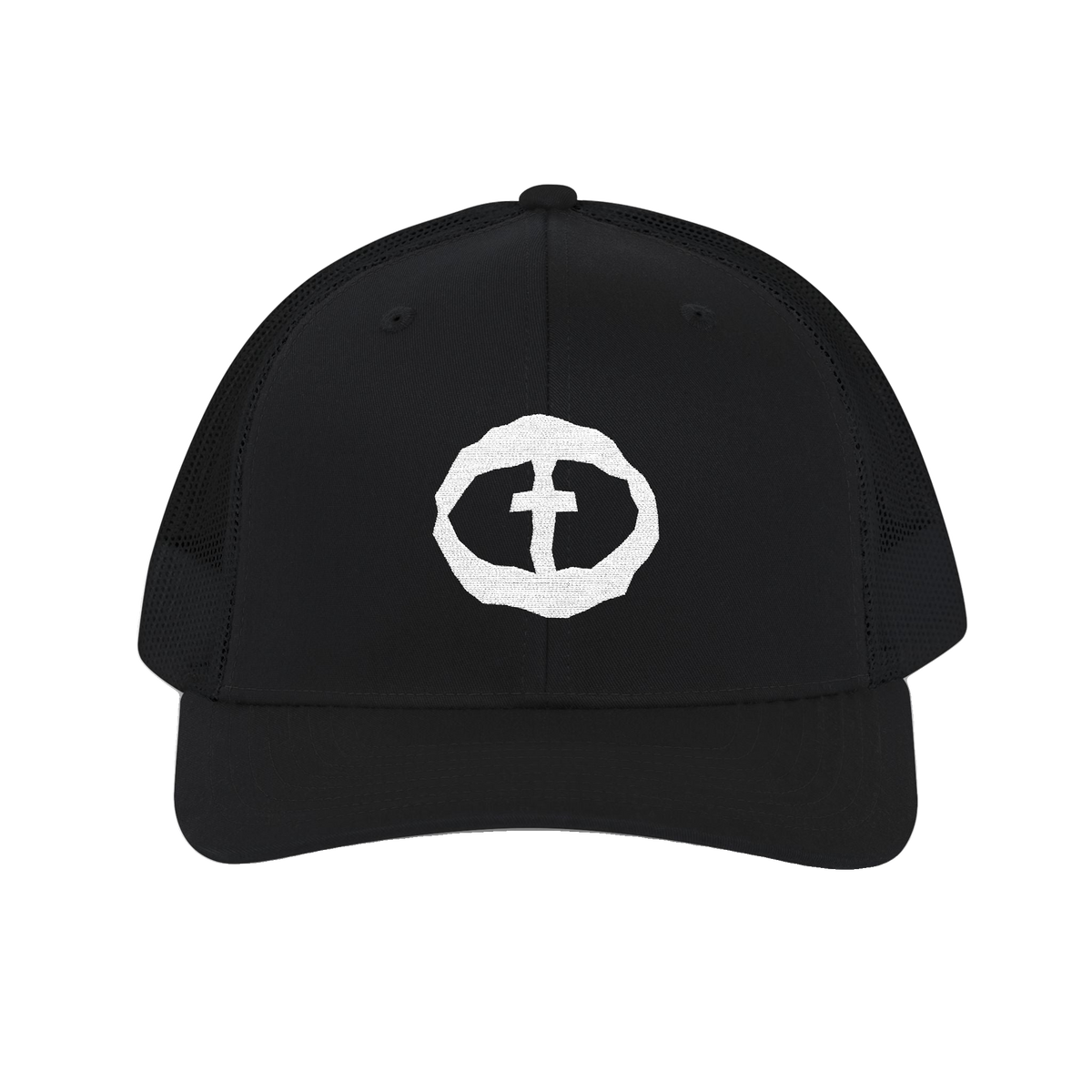 Front view of the black Richardson 112 Cap with a white circular cross logo on the front panel, product shot on white.