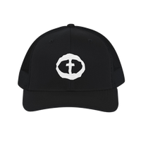 Front view of the black Richardson 112 Cap with a white circular cross logo on the front panel, product shot on white.