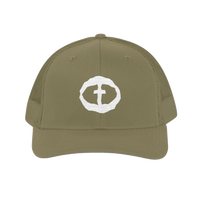 Front view of the loden Richardson 112 Cap with a white circular cross logo on the front panel, product shot on white.