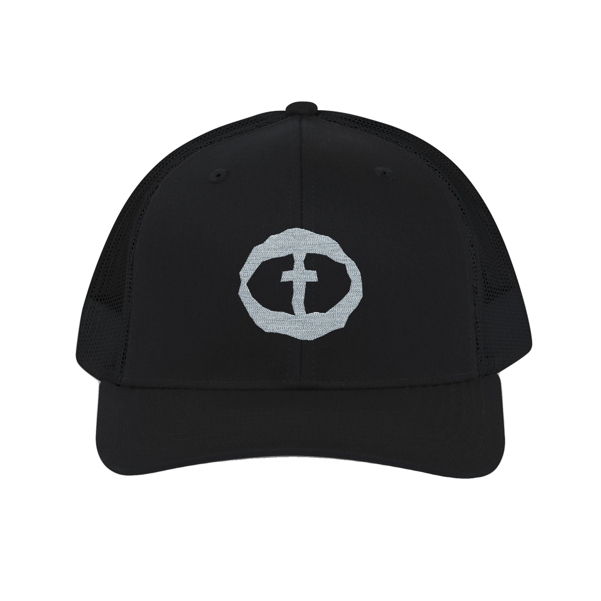 Front view of the solid black Richardson 112 Cap with a light-gray circular cross logo on the front panel, product shot on white.