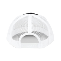 Back view of the black-and-white Richardson 112 Cap showing white mesh panels and a white snapback closure, product shot on white.