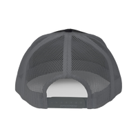 Back view of the black-and-charcoal Richardson 112 Cap showing charcoal mesh panels and a snapback closure, product shot on white.