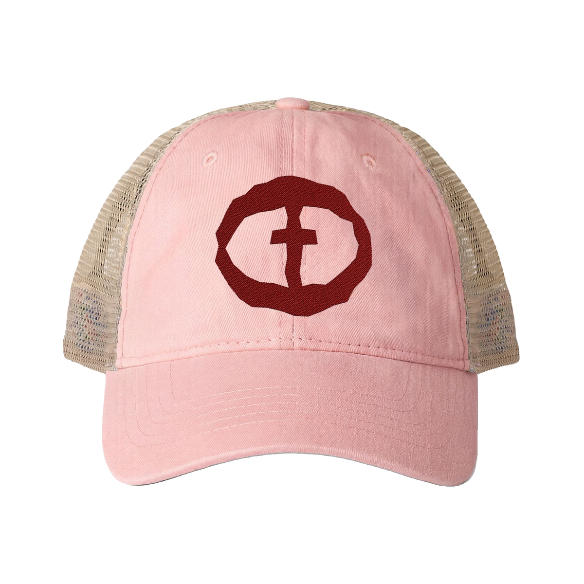 Front view of the dusty pink Women's Ponytail Cap with a burgundy circular cross logo and tan mesh back, product shot on white.