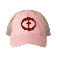 Front view of the dusty pink Women's Ponytail Cap with a burgundy circular cross logo and tan mesh back, product shot on white.