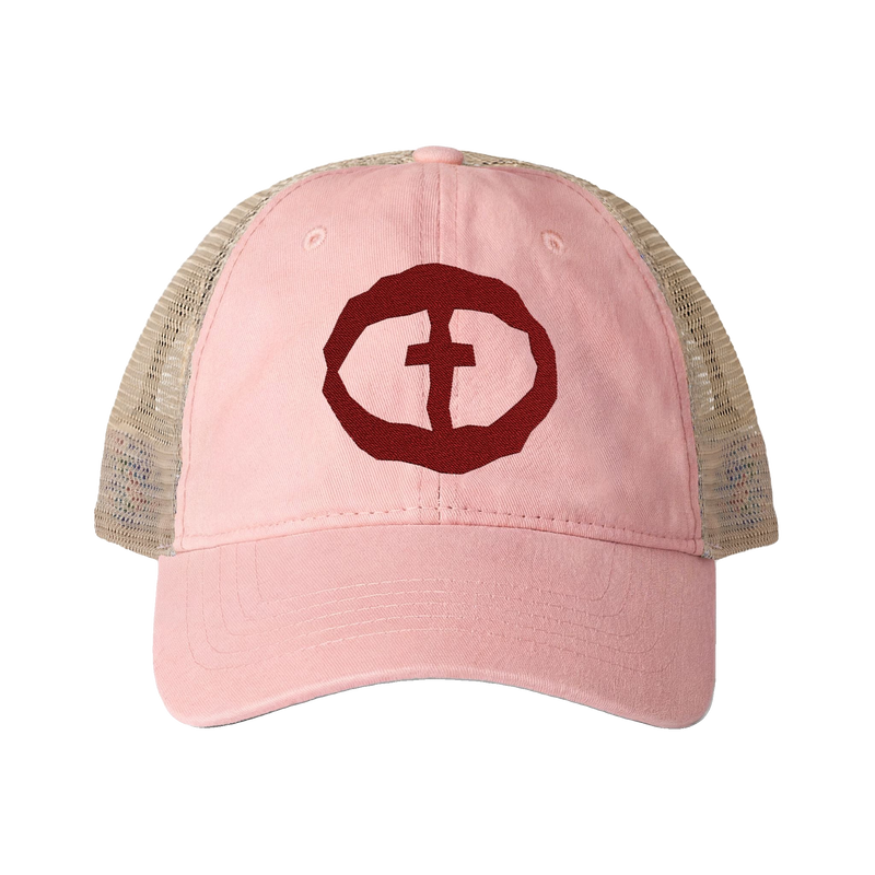 Front view of the dusty pink Women's Ponytail Cap with a burgundy circular cross logo and tan mesh back, product shot on white.