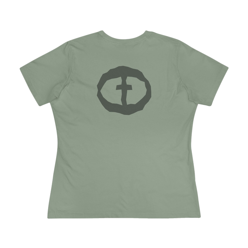 Front view of the sage Women's Rock and Salvation Tee with a large gray rock-textured circular cross logo on the chest, ghost-mannequin on white.