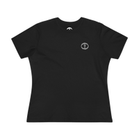 Front view of the black Women's Rock and Salvation Tee with a small gray rock-textured circular cross logo on the left chest, ghost-mannequin on white.