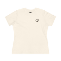 Front view of the natural Women's Rock and Salvation Tee with a small gray rock-textured circular cross logo on the left chest, ghost-mannequin on white.