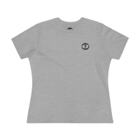 Front view of the athletic heather Women's Rock and Salvation Tee with a small dark-gray rock-textured circular cross logo on the left chest, ghost-mannequin on white.