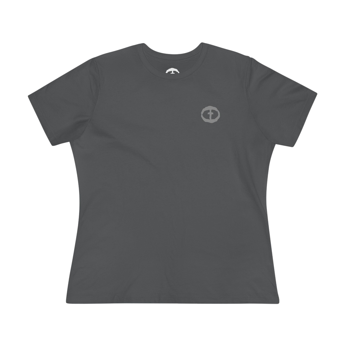 Front view of the asphalt Women's Rock and Salvation Tee with a small gray rock-textured circular cross logo on the left chest, ghost-mannequin on white.